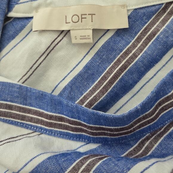 Loft Linen Blend Double V Dress Women's Small White Blue Stripe A Line - Picture 4 of 5